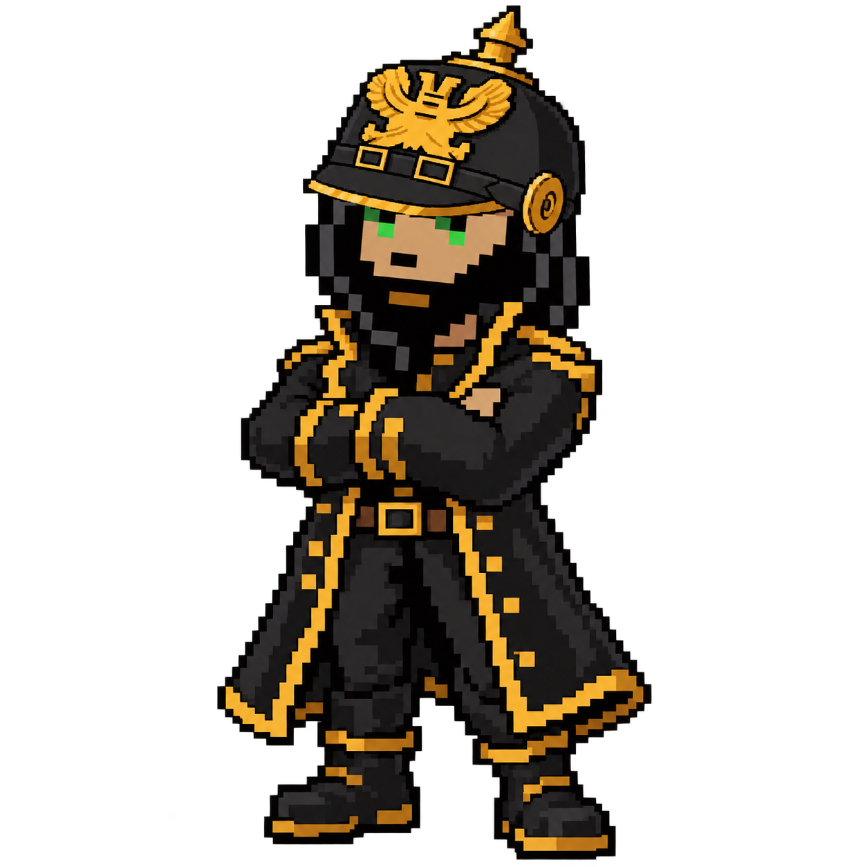 Pauly's black-and-gold avatar standing with his arms folded