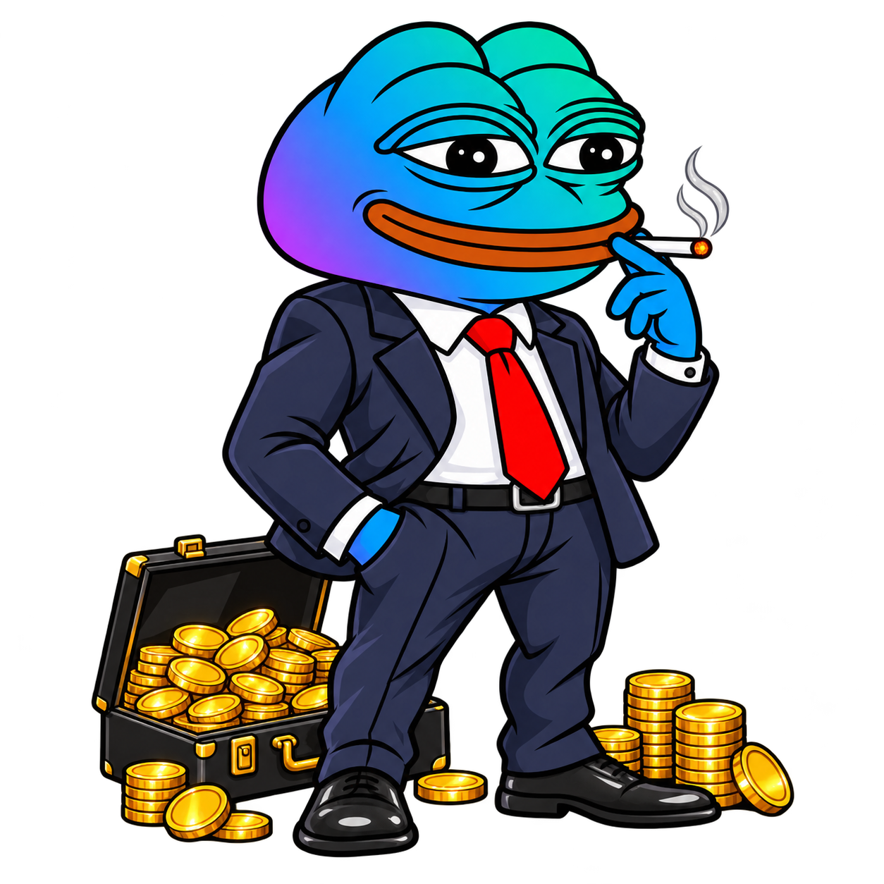 Solana Pepe in a navy suit and red tie, smoking beside a briefcase of coins