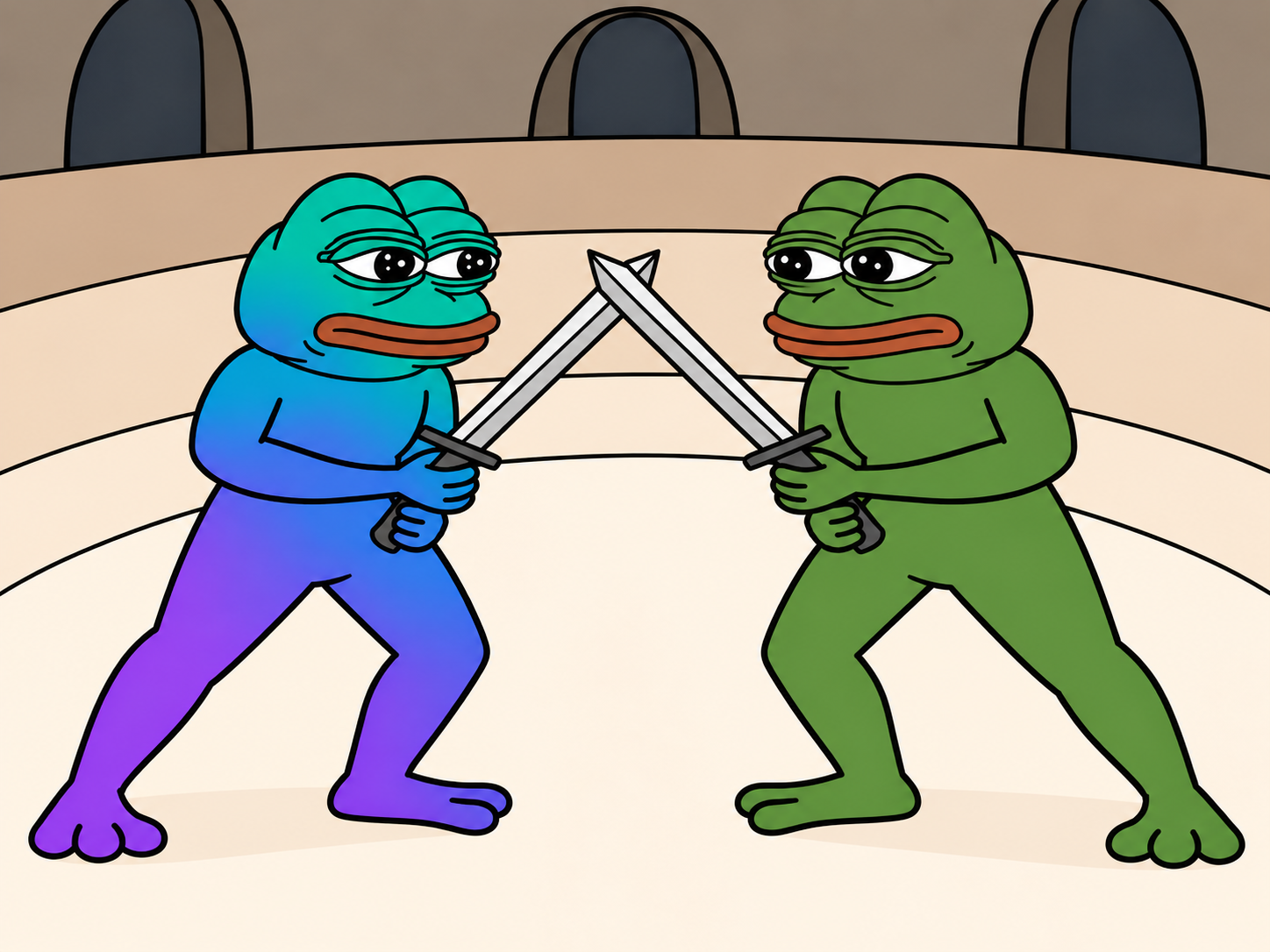 A Pepe in Solana's turquoise, blue and purple colors duels a green Pepe with crossed swords in an arena
